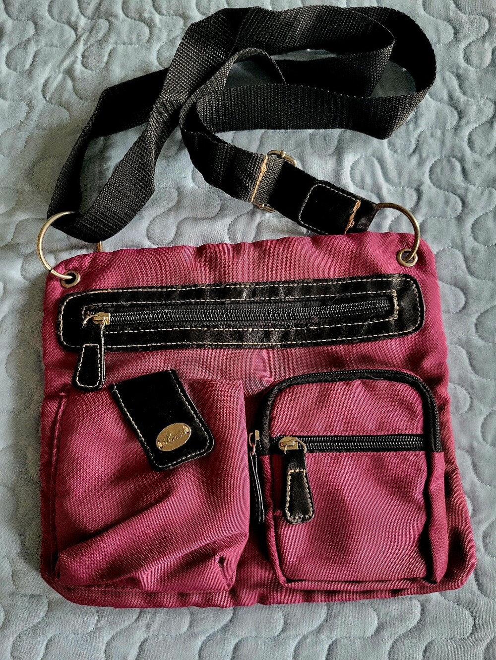 Roots Multi-Pocket Nylon Crossbody Bag - Berry Magenta | Pristine Condition!